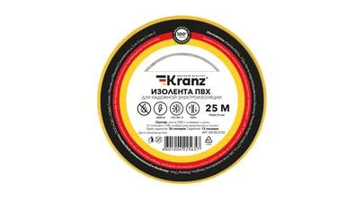 Изоляционная лента ПВХ от Kranz толщиной 0,13 и шириной 15 мм, катушка (рулон) длина 25 м, жёлтого цвета – картинка.