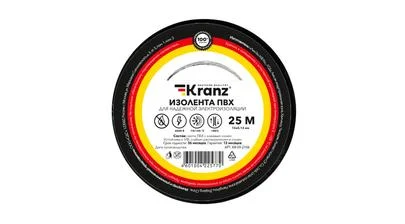 Изоляционная лента ПВХ от Kranz толщиной 0,13 и шириной 15 мм, катушка (рулон) длина 25 м, чёрного цвета – картинка.