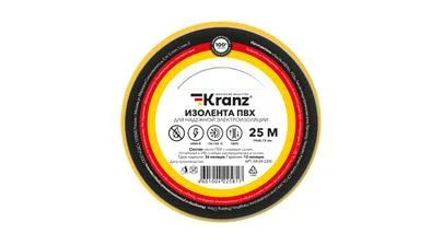 Изоляционная лента ПВХ от Kranz толщиной 0,13 и шириной 19 мм, катушка (рулон) длина 25 м, жёлтого цвета – картинка.