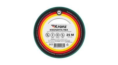 Изоляционная лента ПВХ от Kranz толщиной 0,13 и шириной 19 мм, катушка (рулон) длина 25 м, зелёного цвета – картинка.