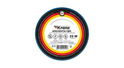 Изоляционная лента ПВХ от Kranz толщиной 0,13 и шириной 19 мм, катушка (рулон) длина 25 м, синего цвета – картинка.