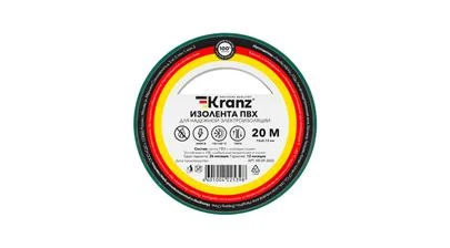 Изоляционная лента ПВХ от Kranz толщиной 0,13 и шириной 15 мм, катушка (рулон) длина 20 м, зелёного цвета – картинка.