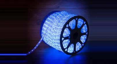 Дюралайт LED, постоянное свечение (2W) - синий, 24 LED/м, диаметр 10 мм (бухта 100 м), обзор включенной гирлянды – картинка.