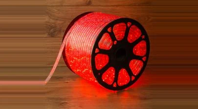 Дюралайт LED, свечение с динамикой (3W) - красный, 36 LED/м (бухта 100 м), обзор включенной гирлянды – картинка.